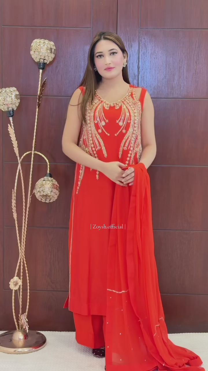 3 Piece - Embroidered Tussle Silk Suit